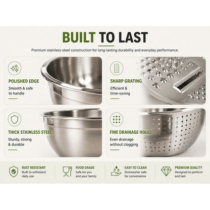 Stainless steel kitchen prep set details