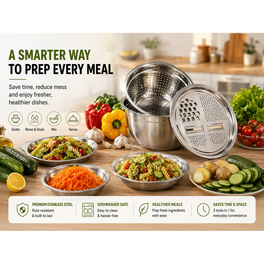 Grater bowl and colander set in everyday kitchen use