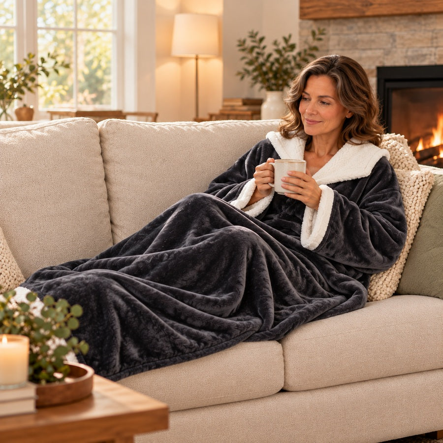Woman seated on a sofa holding a mug, with charcoal blanket covering her legs and feet
