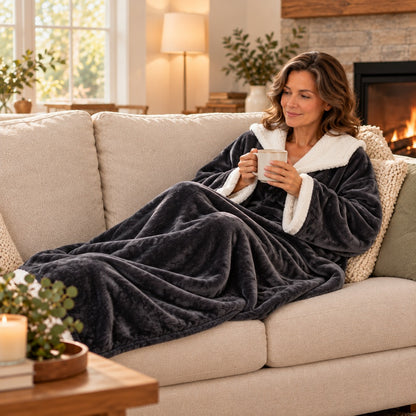 Woman seated on a sofa holding a mug, with charcoal blanket covering her legs and feet