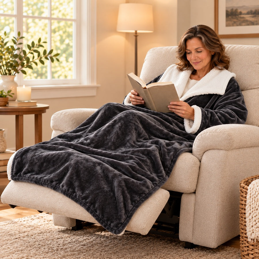 Woman reading in a recliner with her legs and feet fully covered by a charcoal heated blanket