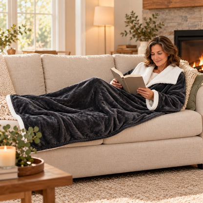 Woman reclining on a sofa with her legs and feet fully covered by the heated blanket