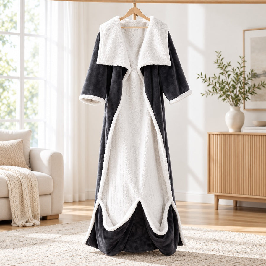 Wearable heated blanket with broad collar, sleeves and foot pocket