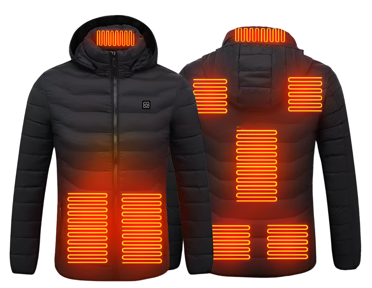 Unisex heated jacket — front and back heating areas