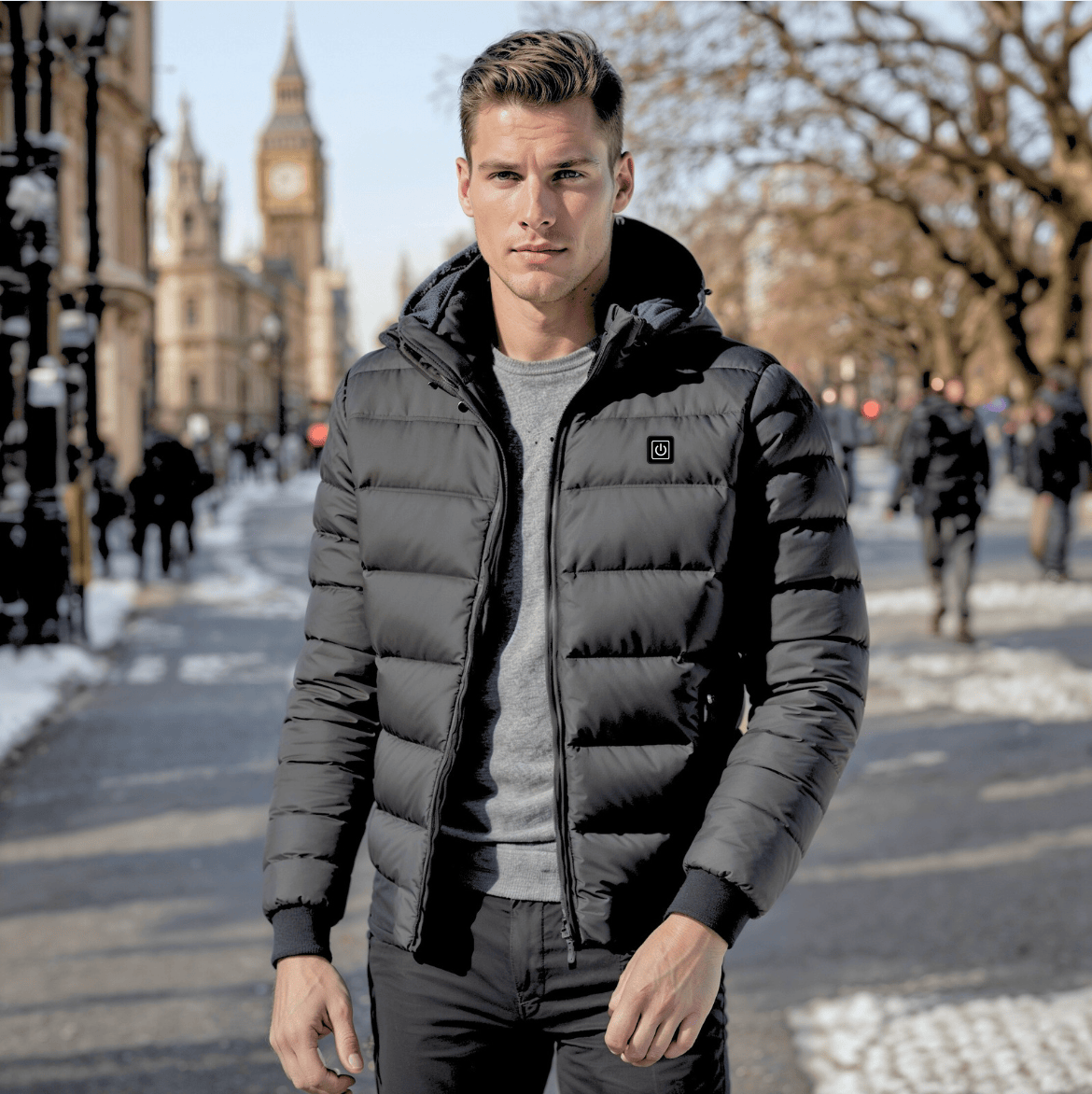 Unisex heated jacket — black jacket worn outdoors