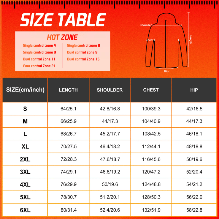 Unisex heated jacket — size chart in centimetres