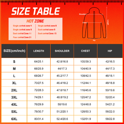 Unisex heated jacket — size chart in centimetres