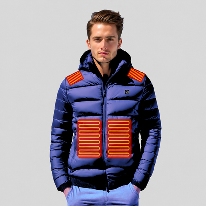 Blue heated jacket with illustrated heating areas