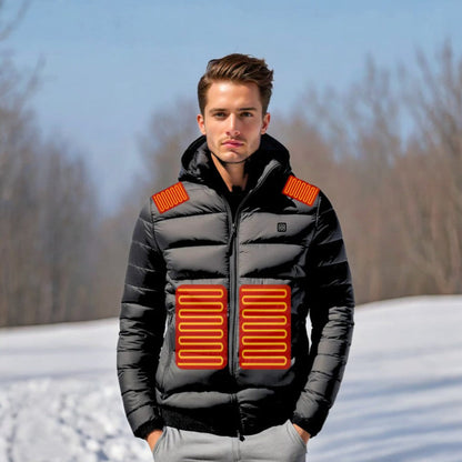 Unisex heated jacket — black jacket with illustrated heating areas