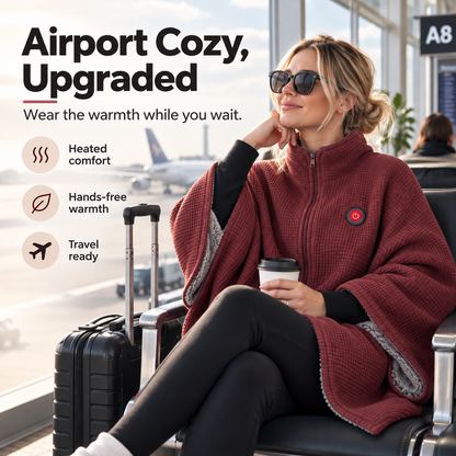 Burgundy heated shawl worn while traveling