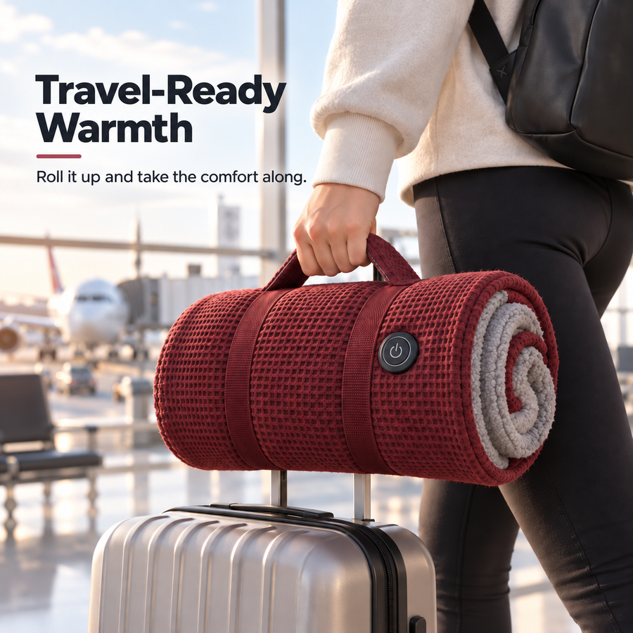 Wearable heated shawl rolled for travel