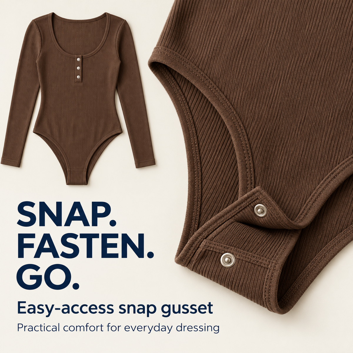 Modal Henley bodysuit — snap feature illustration