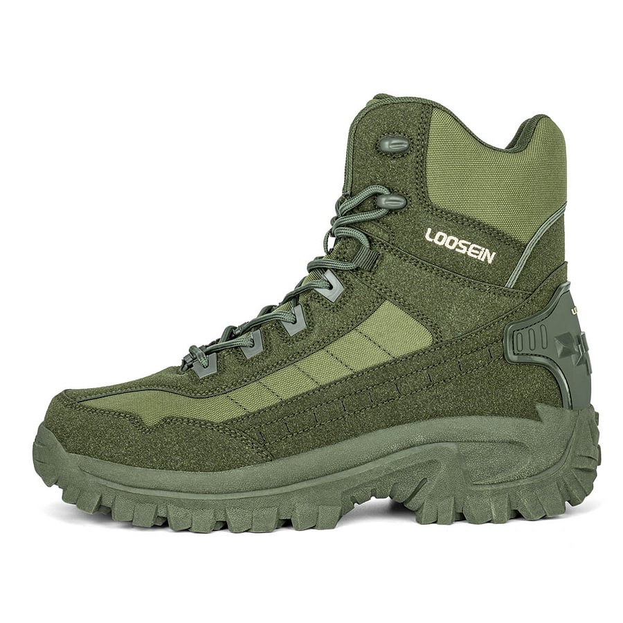 Green hiking boot side profile