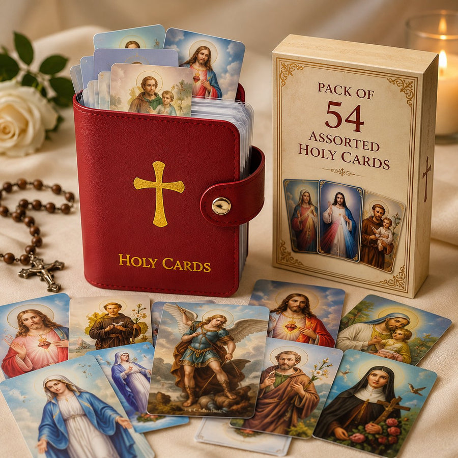 Holy Card Holder — red holder and 54 prayer cards