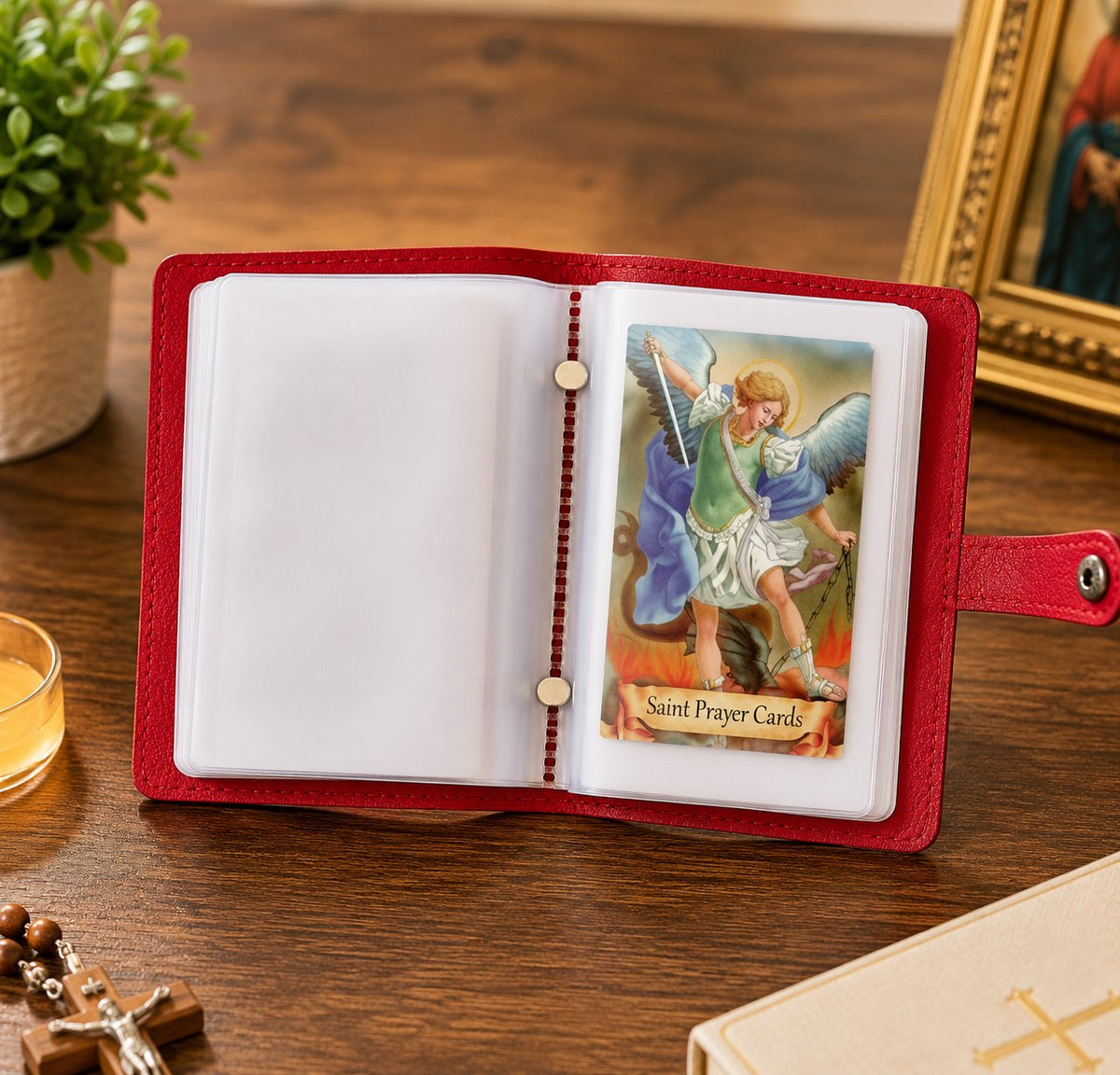 Holy Card Holder — open red holder with clear sleeves