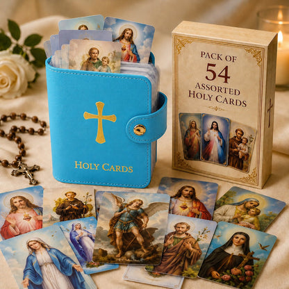 Holy Card Holder — blue holder and 54 prayer cards