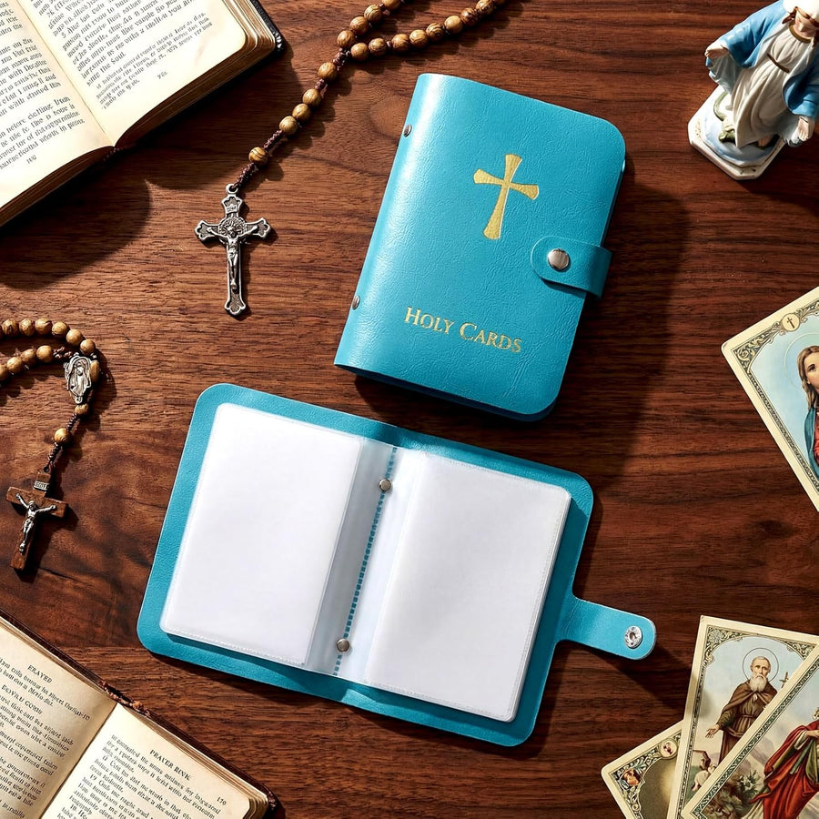 Holy Card Holder — blue holder open and closed