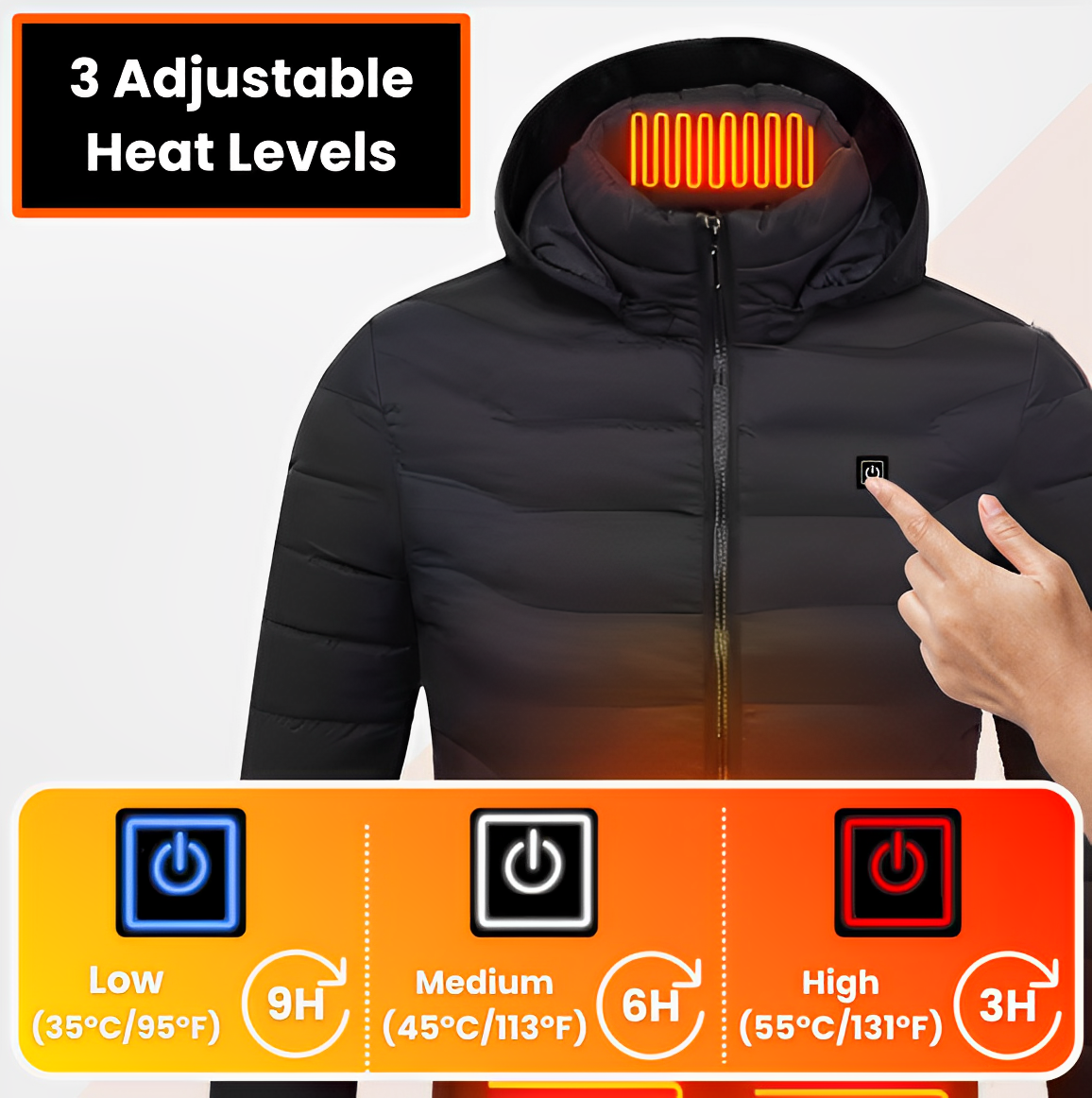 Unisex heated jacket three adjustable heat levels