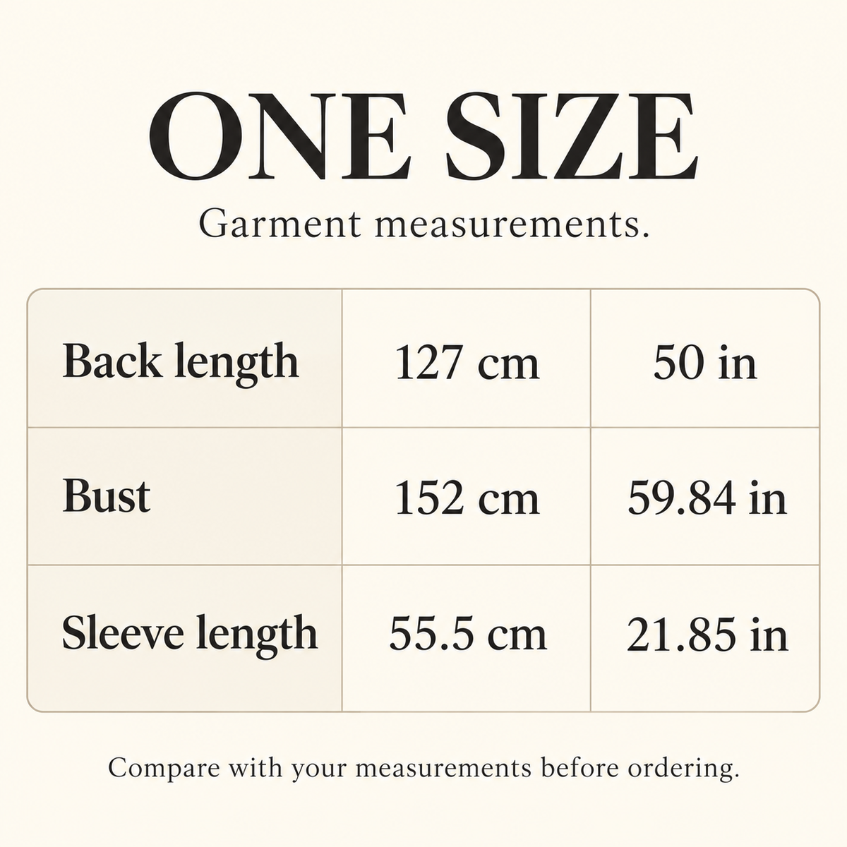 Aravelia shimmer kaftan size chart