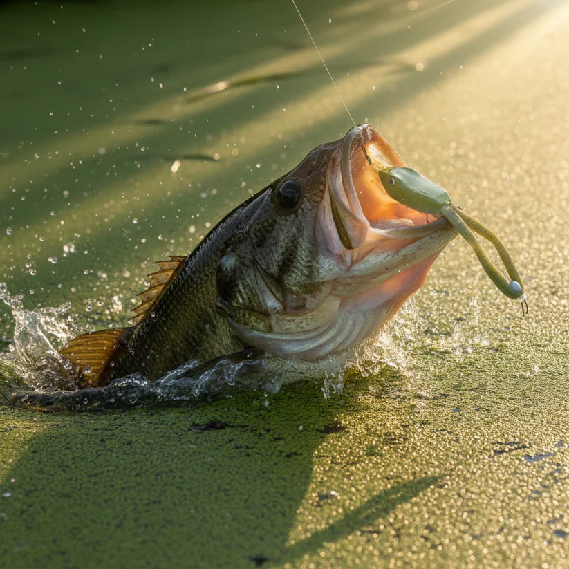 Topwater frog lure shown in a surface strike