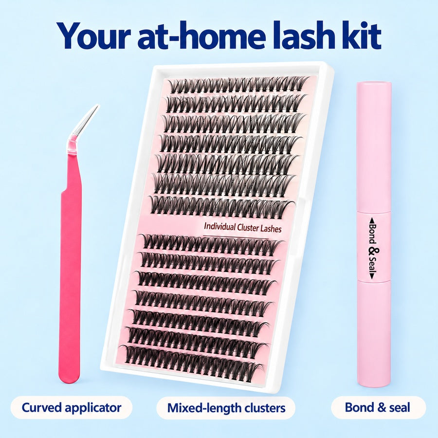 Complete kit with a mixed-length lash tray, bond and seal, and curved applicator
