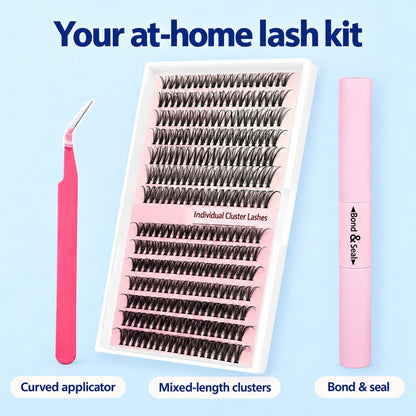 Complete kit with a mixed-length lash tray, bond and seal, and curved applicator