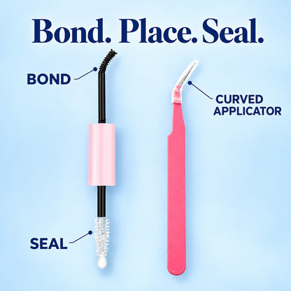 Dual-ended bond and seal with curved lash applicator