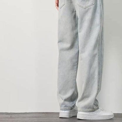 Light blue straight-leg jeans at the hem