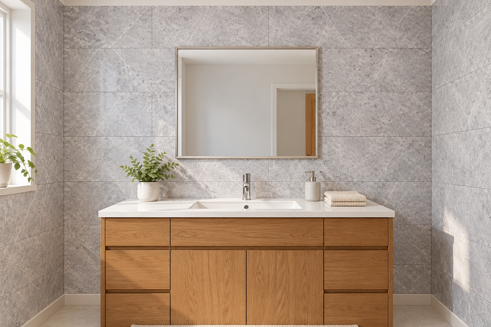 Illustrative bathroom with light gray marble-look wall tiles