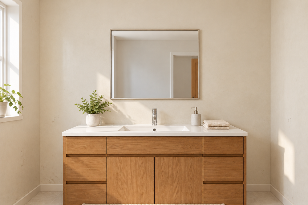 Illustrative bathroom before the marble-look wall makeover