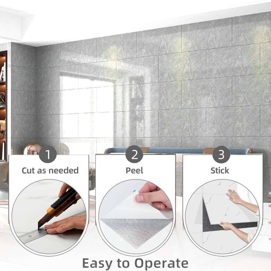 Measure and trim, peel the backing, then press tiles onto a wall
