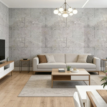 Light gray marble-look wall tiles in a living room