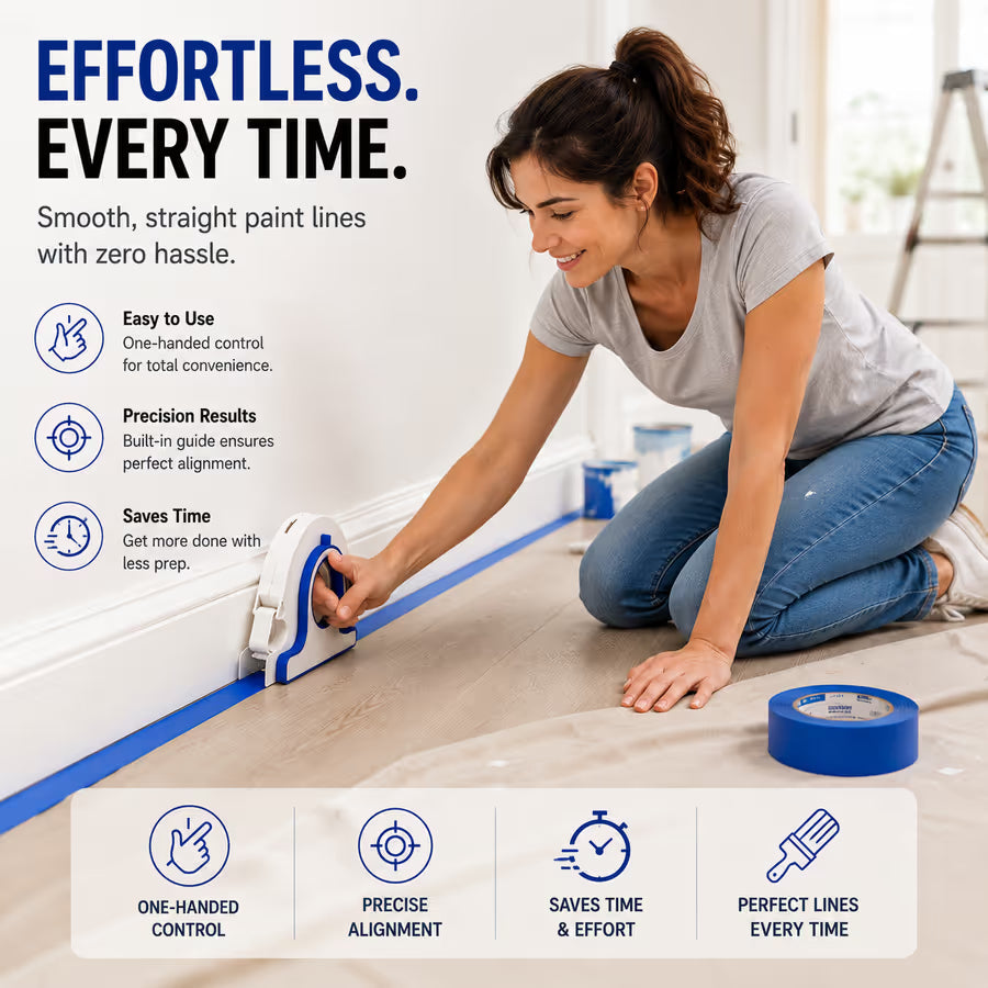 Masking tape applicator in use along a baseboard