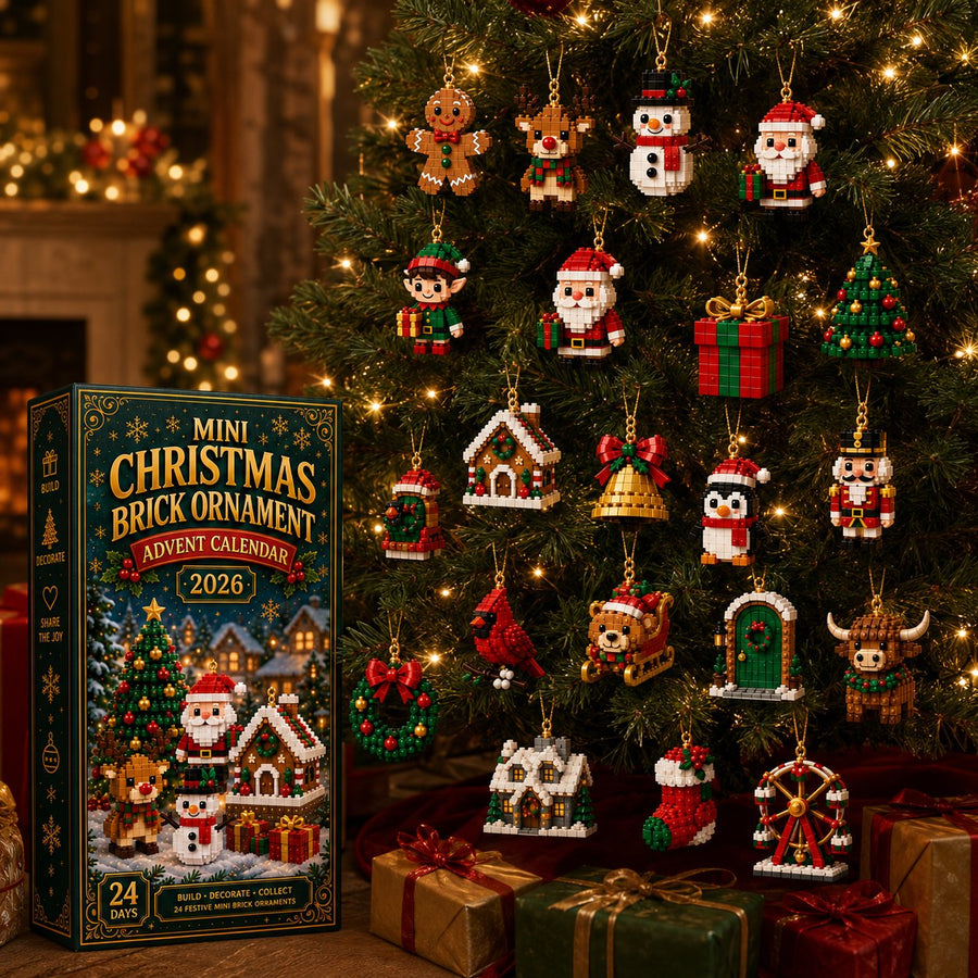 Christmas tree decorated with miniature brick ornaments