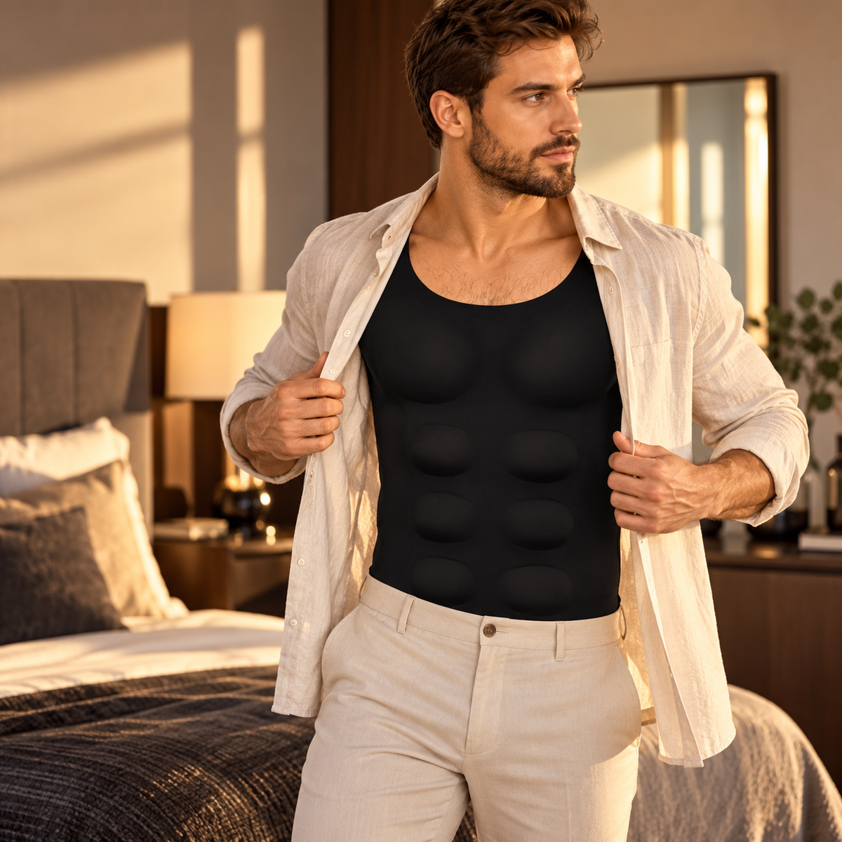 Customizable muscle shirt styled beneath an open overshirt