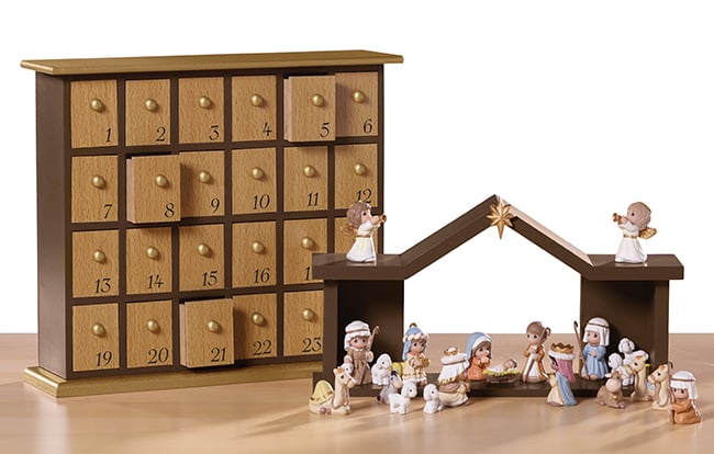 Wooden drawer chest and separate Nativity stable topper