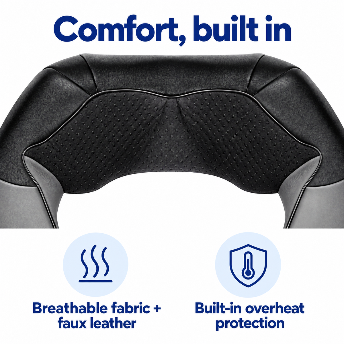 Breathable fabric, faux leather and built-in overheat protection