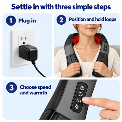 Three steps to use the corded massager: plug in, position and choose settings