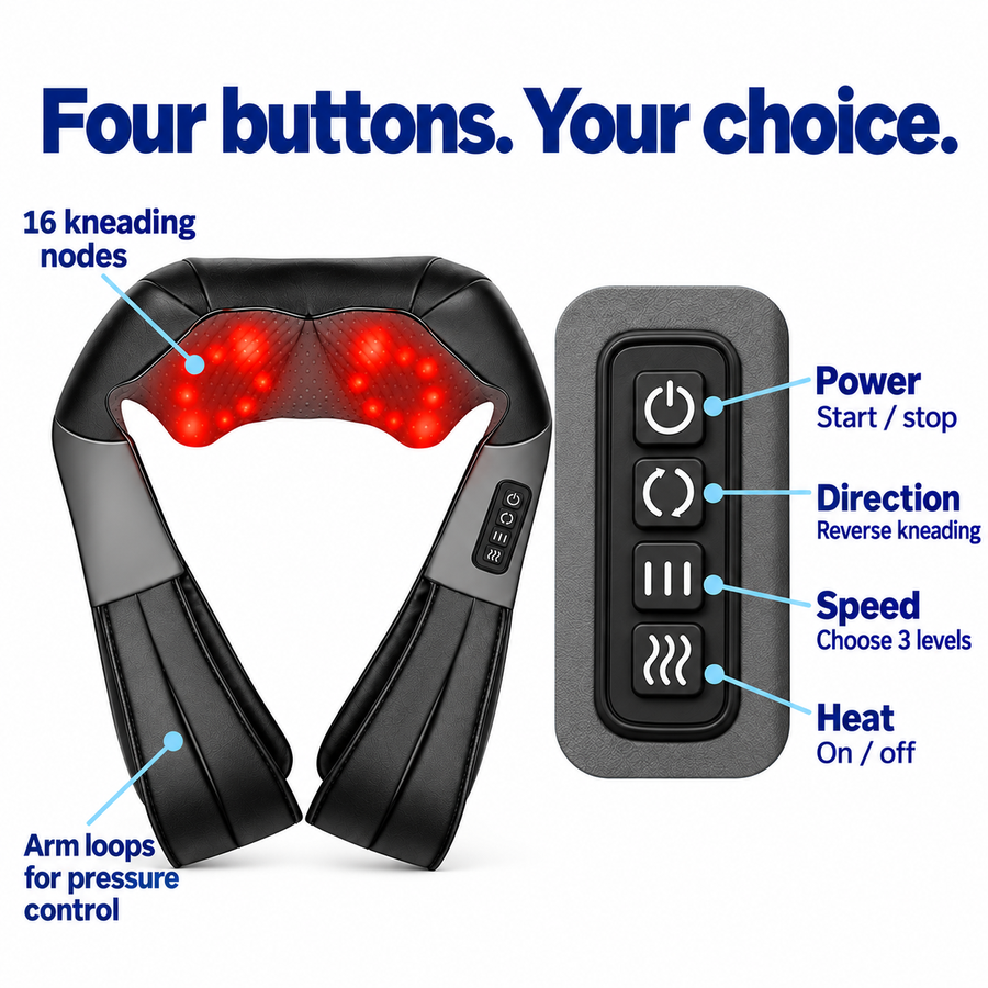 Power, direction, speed and heat buttons with kneading nodes and pressure-control loops