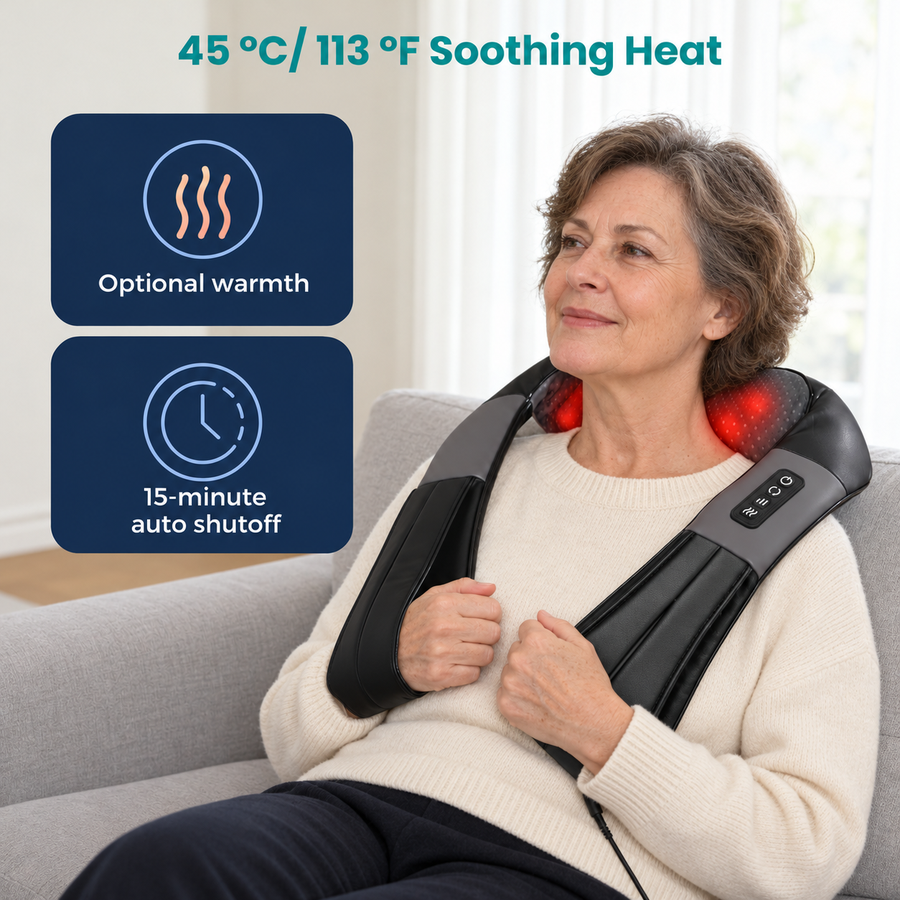 Woman around age 60 using optional warmth with fifteen-minute automatic shutoff