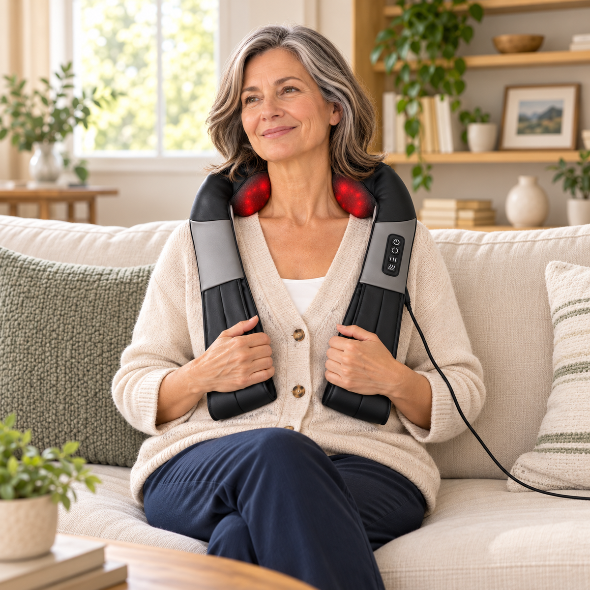 Woman in her late fifties using the corded massager in a square lifestyle image