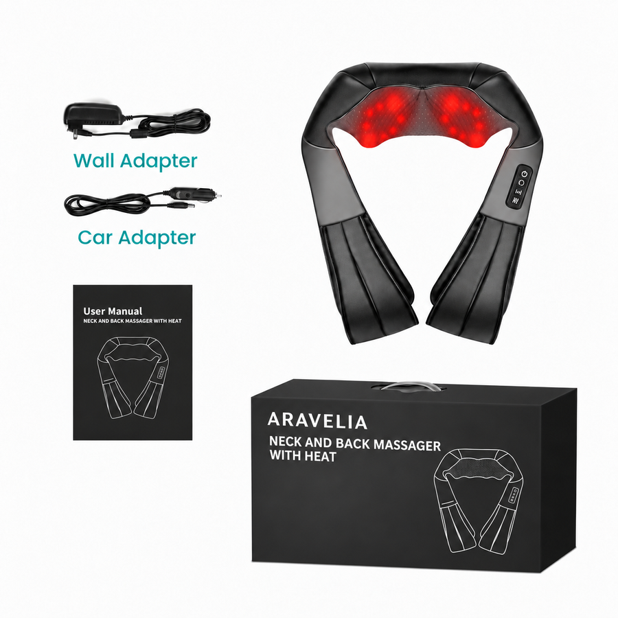 Aravelia-branded box with one complete massager, wall adapter, car adapter and manual