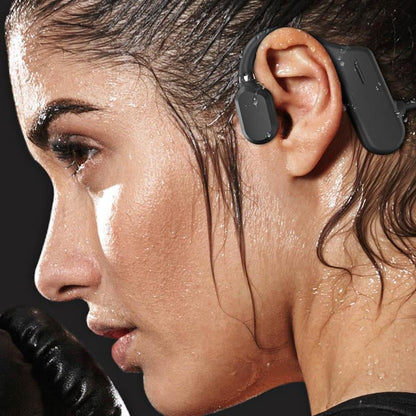 Black open-ear sound amplifier worn around the ear