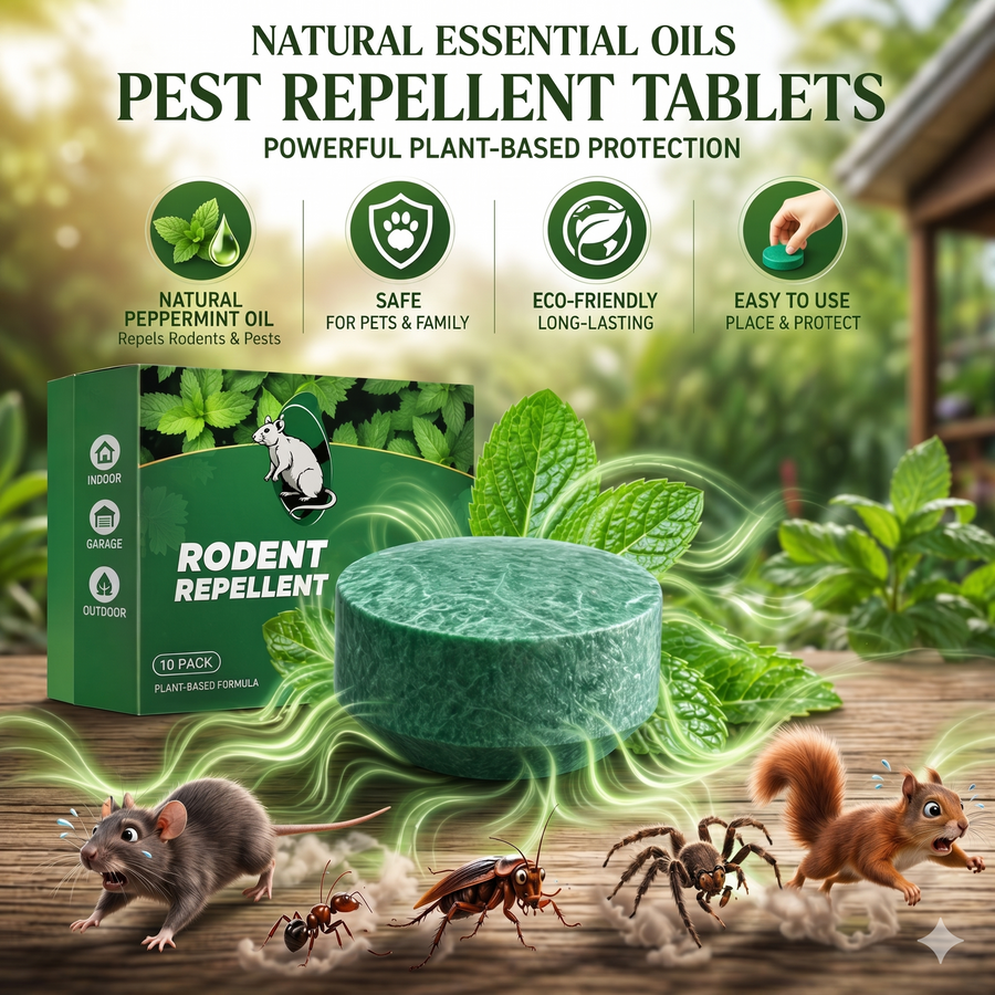 Natural peppermint rodent repellent tablets and packaging