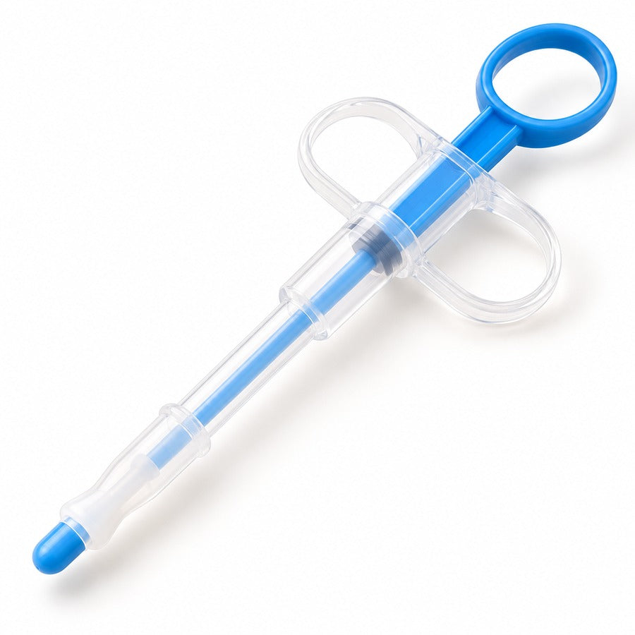 Blue 2-in-1 pet medicine feeder detail — product illustration