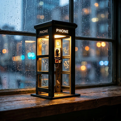 Vintage Phone Booth Ambient Lamp — warm amber glow by a window
