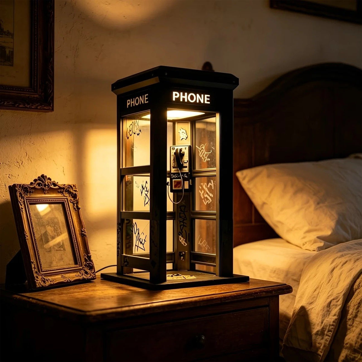 Vintage Phone Booth Ambient Lamp — bedside setting