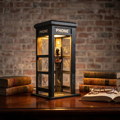 Vintage Phone Booth Ambient Lamp — books and lamp on a desk