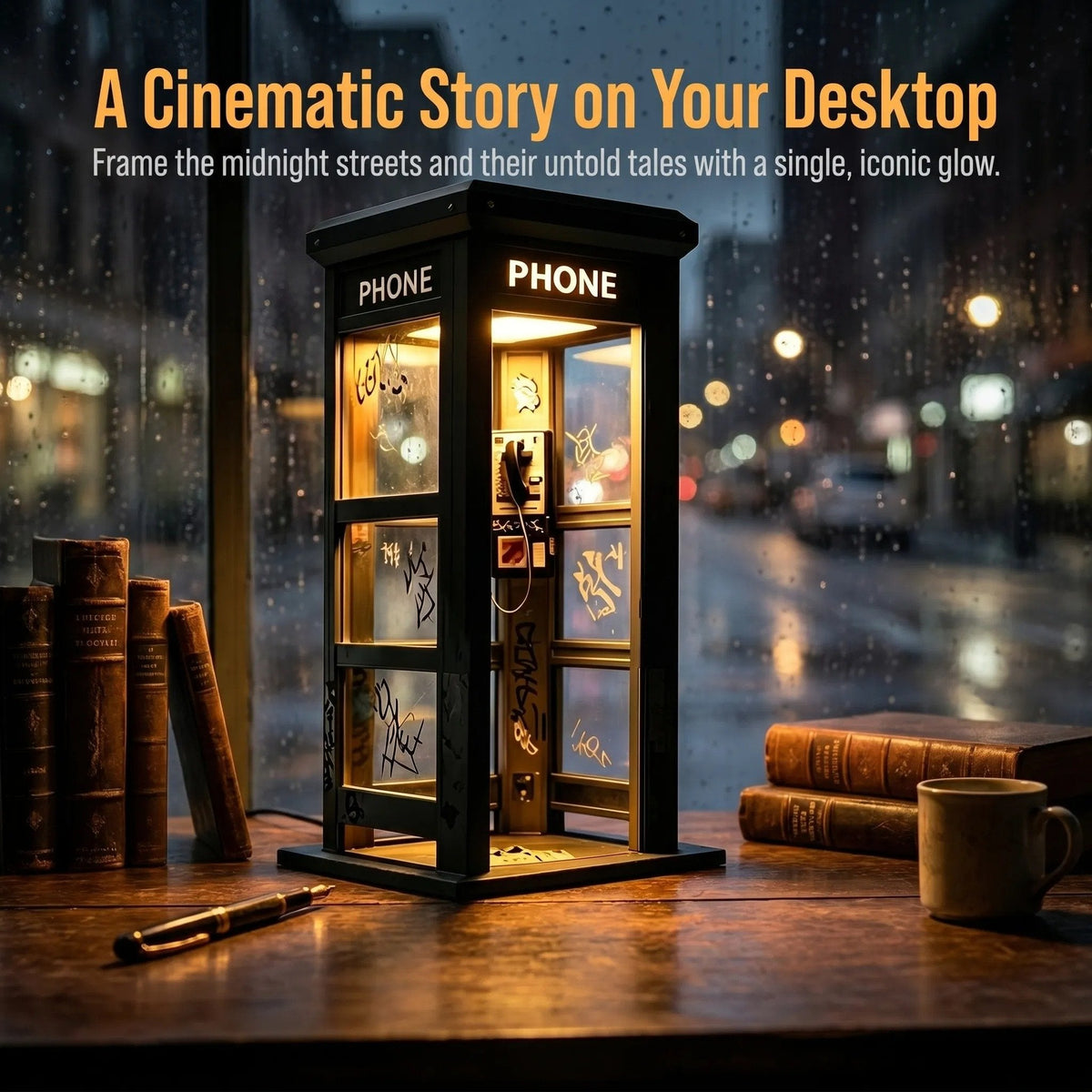 Vintage Phone Booth Ambient Lamp — cinematic desk setting