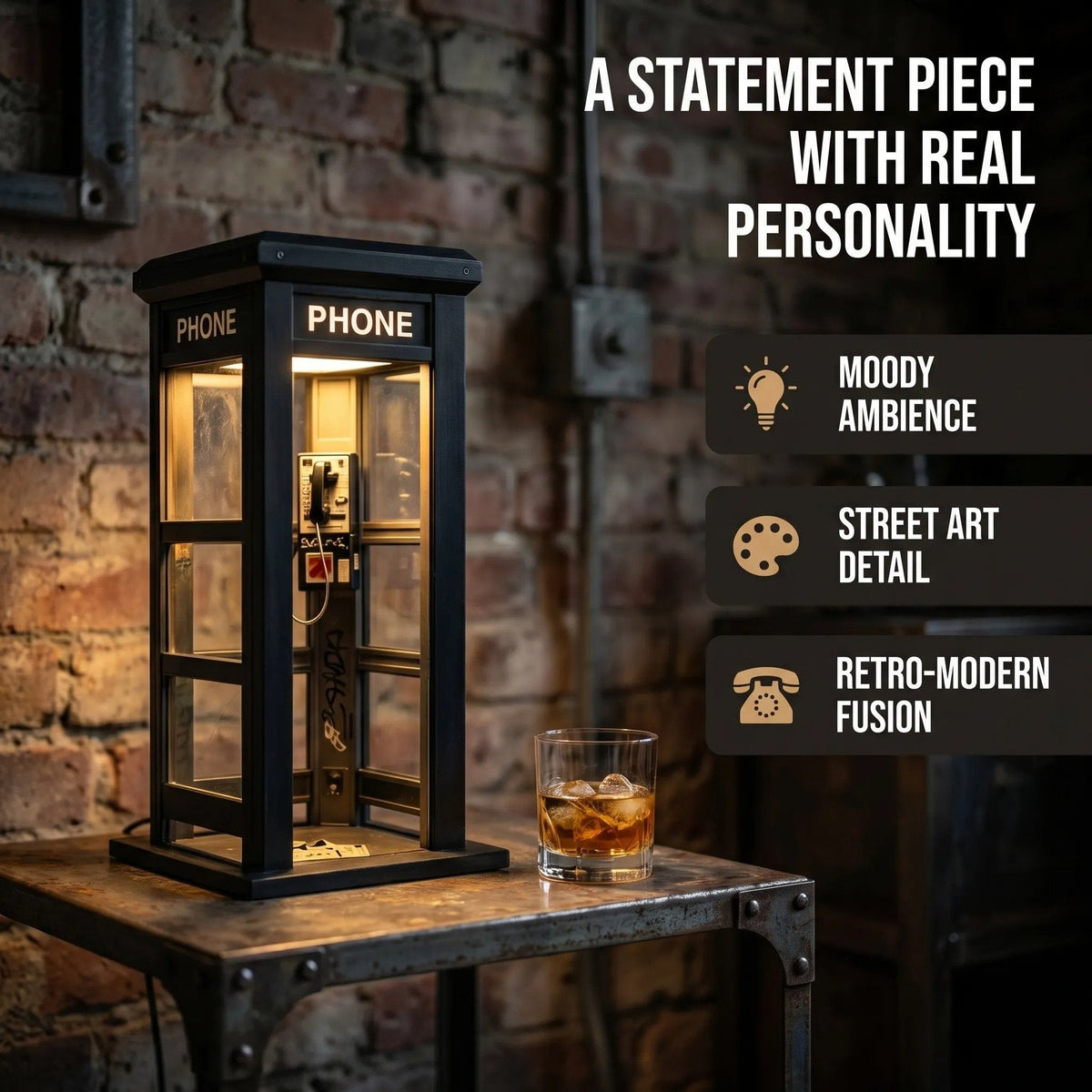 Vintage Phone Booth Ambient Lamp — graffiti-style panels and miniature interior